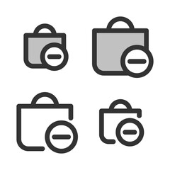 Pixel-perfect icon of shopping bag with minus sign (remove from cart) built on two base grids of 32x32 and 24x24 pixels for easy scaling. The initial base line weight is 2 pixels. Editable strokes