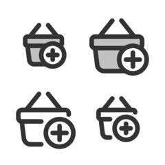 Pixel-perfect icon of shopping basket with plus sign (add to cart) built on two base grids of 32x32 and 24x24 pixels for easy scaling. The initial base line weight is 2 pixels. Editable strokes