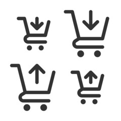 Pixel-perfect icons of shopping trolley with incoming and outgoing arrows (add and remove from cart) built on two base grids of 32 x 32 and 24 x 24 pixels for easy scaling. Editable strokes