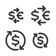 Pixel-perfect linear icons of currency exchange built on two base grids of 32x32 and 24x24 pixels for easy scaling. The initial base line weight is 2 pixels. In one-color versions. Editable strokes