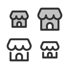 Pixel-perfect icon of storefront built on two base grids of 32x32 and 24x24 pixels for easy scaling. The initial base line weight is 2 pixels. In two-color and one-color versions. Editable strokes 