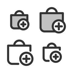 Pixel-perfect icon of shopping bag with plus sign (add to cart)   built on two base grids of 32x32 and 24x24 pixels for easy scaling. The initial base line weight is 2 pixels. Editable strokes