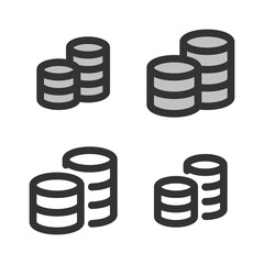 Pixel-perfect linear icon of coins stack built on two base grids of 32 x 32 and 24 x 24 pixels. The initial base line weight is 2 pixels. In two-color and one-color versions. Editable strokes