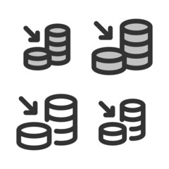 Pixel-perfect linear icon of coins stack with incoming arrow (receiving money into an account) built on two base grids of 32x32 and 24x24 pixels. The initial line weight is 2 pixels. Editable strokes