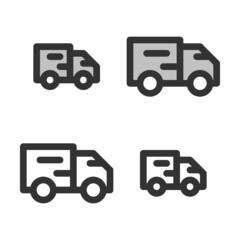 Pixel-perfect linear  icon of delivery car  built on two base grids of 32 x 32 and 24 x 24 pixels. The initial base line weight is 2 pixels. In two-color and one-color versions. Editable strokes