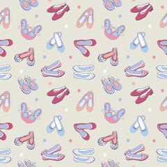 Fashionable women's shoes seamless pattern in retro style. Ballet flats background in pastel girly colors