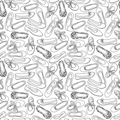 Flat shoes seamless pattern in black and white. Colored page background
