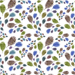 Watercolor seamless pattern with feathers and dream catchers