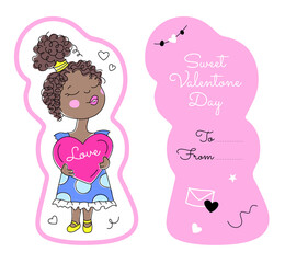 African American Girl holding big heart. Valentine's Day Card template for children. Front and back sides with copy space for text. Editable stroke