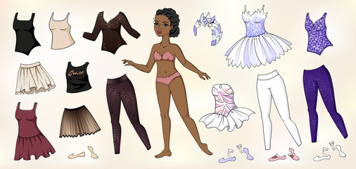 African American ballerina girl paper doll with set of clothes and pointe shoes.  Body template and outfit for cutting