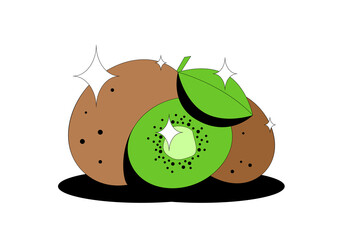 Kiwi fruit. Сut slice and leaves with kiwi fruit isolated on white background. For packaging design, advertising of detergents, sweets, food, for cover, print. Vector illustration.