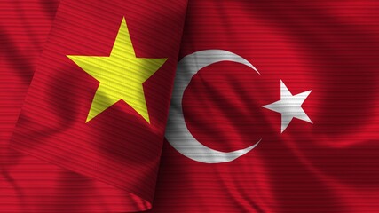 Turkey and Vietnam Realistic Flag – Fabric Texture 3D Illustration