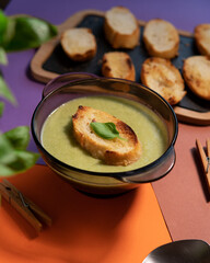 soup, meal, diet, puree, healthy, vegetarian, broccoli, cream, peas, dinner, cuisine, mashed, bread, table, appetizer, bowl, dish, wooden, green, spoon, mash, portion, vegetables, napkin, snack, leaf,