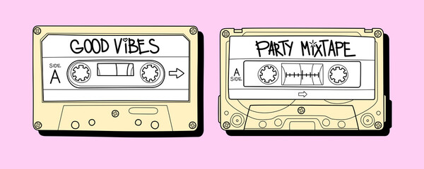 Audio cassettes with notes, 90s style. Vector illustration