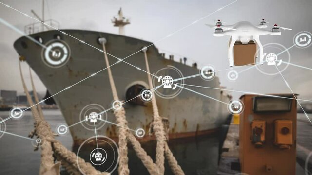Animation of network of connections with icons over delivery drone with parcel