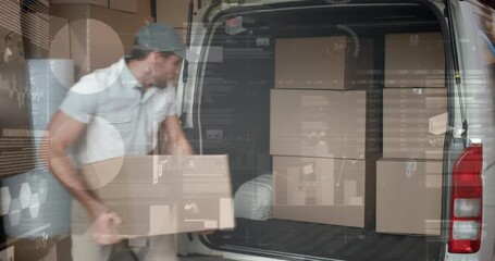 Animation of statistics and financial data processing over delivery man and van - Powered by Adobe