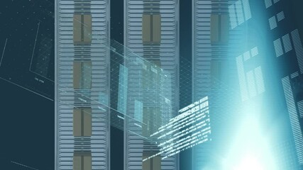 Animation of financial data processing over cardboard boxes on conveyor belts in warehouse - Powered by Adobe