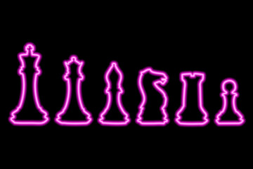 Set of chess figures on black background. Simple neon pink outline. Illustration
