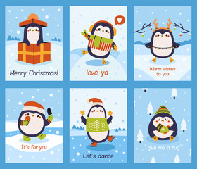 Cute penguin cards. Xmas penguin mascots posters, winter holidays lovely penguins cards vector illustration set. Little penguin cards