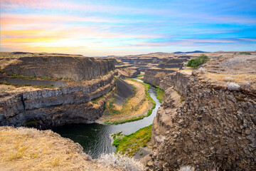 The deep wide canyon gorge of the Palouse River at Palouse Falls State park in Washington state USA.