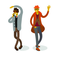 Fashionable men. A man in sunglasses is talking on the phone. a man in a red hat, coat, and glasses stretched out his hand in greeting.