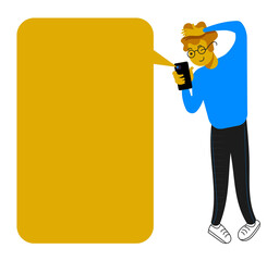 a young man in glasses, a blue sweater and black trousers, holds a mobile phone in his hands. Poster, template for text.