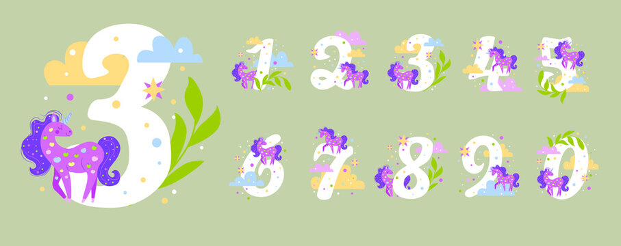 numbers from 1 to 9 with unicorn, clouds and stars. Postcard, poster, template.