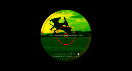Jurassic. NIGHT VISION. Pteranodon at nightfall. Flying Dinosaur, a prehistoric reptile. Carnivore with excellent flight and view. Long Range Sniper Telescope. Accuracy in nocturnal conditions. © Tenebroso