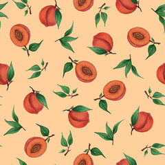 Seamless pattern with peach fruits and leaves on a gentle orange background. Watercolor realistic illustration. For textiles, packaging.