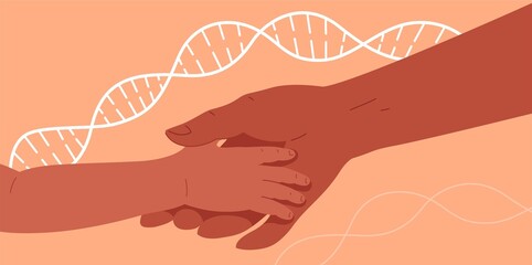 Two hands join, father or mother with child. Concept vector illustration for genetics, DNA testing, paternity or maternity testing, hereditary diseases, biology. Background with DNA chain. - obrazy, fototapety, plakaty
