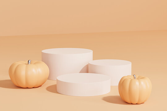 Podiums or pedestals with pumpkins for products display or advertising for autumn holidays on orange background, 3d render