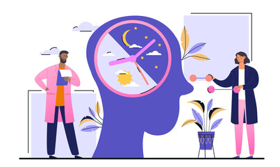 Circadian rhythm concept. Day and night cycle scheme. Natural sleep-wake biological process. Man and woman study the biological clock that is embedded inside a person. Cartoon flat vector illustration