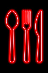 Neon red shapes of spoon, fork and table khife on a black background. Set of cutlery