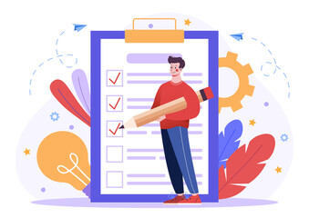 Concept of successful task completion. Man against the background of a large list notes the completed tasks. Organize effective daily plan, time management. Cartoon modern flat vector illustration