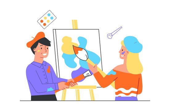 Art workshop concept. Man and woman paint a picture with paints. Professional artist teaches a student. Character, canvas and brush. Cartoon flat vector illustration isolated on a white background