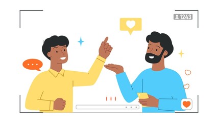 Popular blogger concept. Two bloggers make joint content for their audience. Celebrities answer questions live on the air. Cartoon modern flat vector illustration isolated on a white background