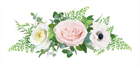 Elegant floral bouquet vector art illustration. Tender white anemone, blush pink quartz and light yellow rose flowers, forest fern leaves and eucalyptus branches. Wedding  invite card designer element