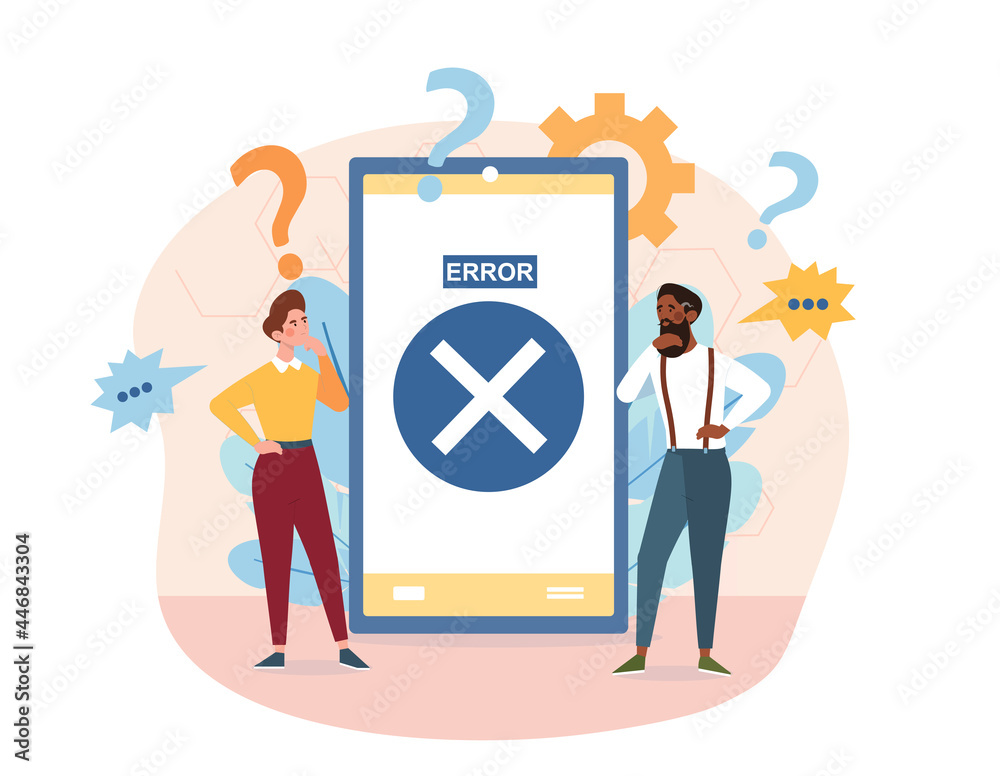 Poster concept operating system error warning. error info message on smartphone. man and a woman can not un
