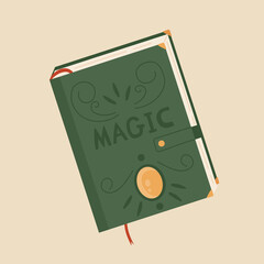 Old, green book of magic and witchcraft with crystal. Witchcraft attribute concept. Vector illustration in cartoon style. Isolated on yellow background.
