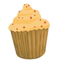 Cute cupcake, sweet bakery. Hand drawn vector illustration. Colored cartoon doodle of homemade baking. Single drawing isolated on white. Element for design, print, sticker, card, decoration, wrap.