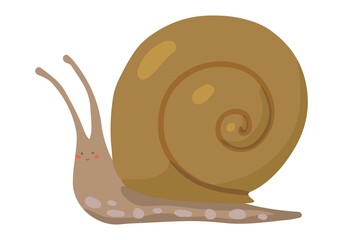 Cute snail. Hand drawn vector illustration. Colored cartoon doodle of autumn forest wild animal. Single gastropod drawing isolated on white. Element for childish design, print, sticker, card, decor.