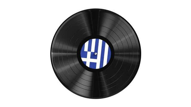Realistic seamless looping 3D animation of the national flag of Greece label vinyl record isolated on white rendered in UHD with alpha matte