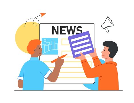 News updating concept. Men create a news newspaper, insert relevant information, articles and pictures. Information page on the website. Cartoon flat vector illustration isolated on a white background