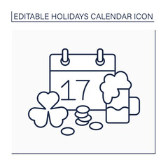 St.Patrick day line icon. March 17. Irish celebration. Traditional green colors, drink Irish beer. Shamrock Clover. Holidays calendar concept. Isolated vector illustration. Editable stroke