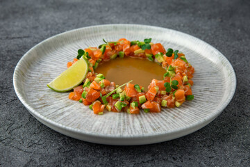 Salmon and avocado tartare. Citrus sauce. Ready menu for the restaurant. Neutral gray blue textured background