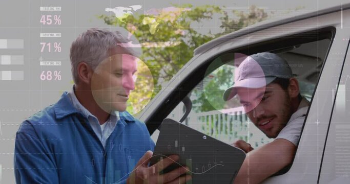Statistical data processing against senior male worker and delivery man discussing over clipboard