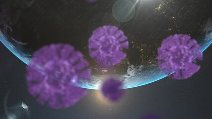 Multiple purple covid-19 cells floating over spinning globe against black background - Powered by Adobe
