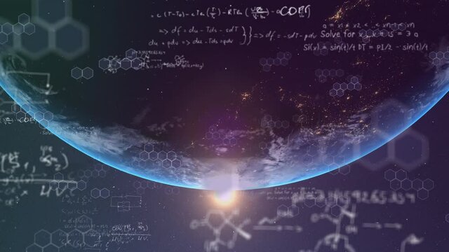 Mathematical equations and chemical structures floating over globe against blue background