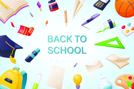 Vector ready school template. Banner or background with back to school inscription. Stationery and supplies stickers in cartoon style.