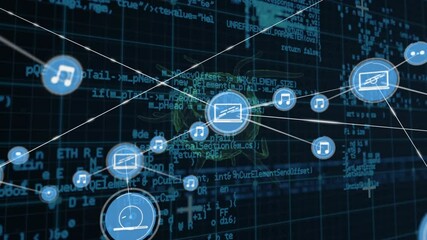 Network of digital icons and data processing against covid-19 cell spinning on black background - Powered by Adobe
